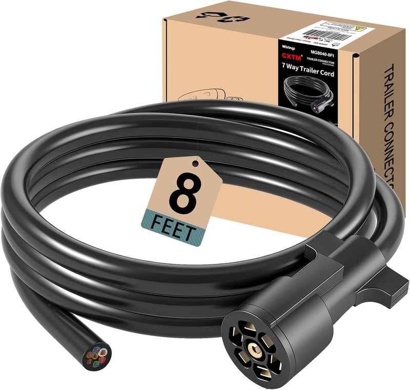 CXTM 7 Way Trailer Cord, Heavy Duty 7 Way Trailer Plug Inline Cord Wire Harness Cable Double Prongs Connector 7 pin Trailer Wiring Harness 8 Feet for Camper Blade Molded RV Cable Wire(8ft) - Image 1